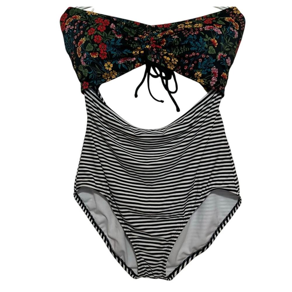 Time and Tru One Piece Strapless Swimwear Black Floral Padded Bra Striped Bottom